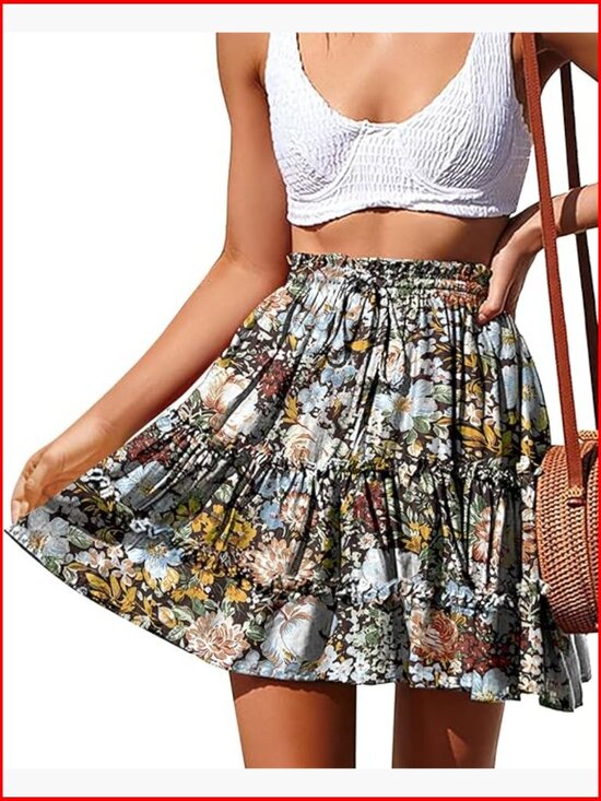 Dresses & Skirts - High Waist Floral Mini Skirt with Drawstring Tiered Ruffle Design